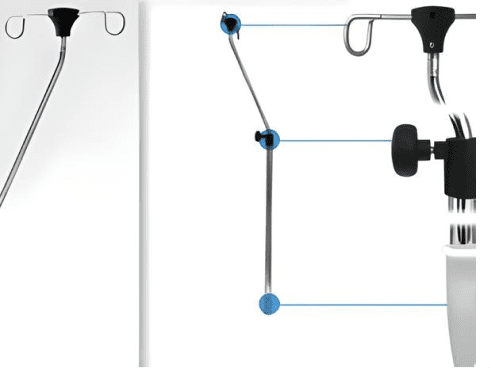 Інфузійна стійка RA0023
Стійка, що використовується для тримання крапельниць. Виготовлена з хромованої сталі, має 2 гачки зі змінною висотою.
Безпечне навантаження 5 кг на кожен гачок.
